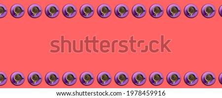 Turkish coffee or espresso template, Traditional Turkish coffee in purple cup on upside and downside of pink surface as frame. Copy space, area for custom text, endless geometric pattern.