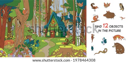 Forest glade near the forester's house. Find hidden animals. Puzzle. Vector illustration  Royalty-Free Stock Photo #1978464308