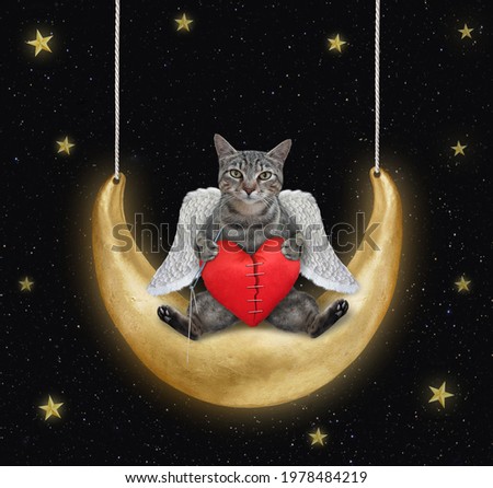 A gray cat angel with a red broken heart is swinging on the moon at night.