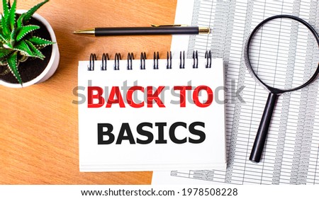 On a wooden table there are reports, a potted plant, a magnifying glass, a black pen and a notebook with the text BACK TO BASICS. Business concept