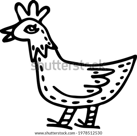 Cartoon hand-drawn hen for kids. Cute ranch bird character. Side view of big-eyed chicken. Domestic fowl stands quietly. Funny black doodle broiler. Vector clipart poultry. Nursery farm animals theme.
