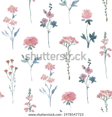 Watercolor meadow floral digital paper, Wildflower seamless pattern, Peach pink blush blue flower stem background