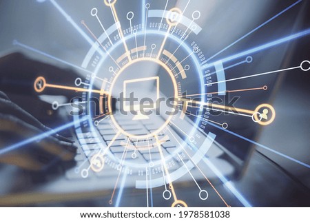 Network data technology service concept with digital screen with computer sign ampng internet social icons on man hands typing on keyboard background. Double exposure