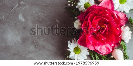 Flowers on gray concrete background. Large tulip, roses and chrysanthemums. Banner. Flat lay. Copy space
