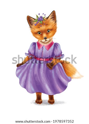 Cute fox baby in a beautiful dress with a flower on her head. The hand-drawn red-haired animal character on a white background. Good for printing, postcards, posters. The idea for design with a fox.