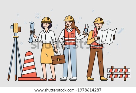 Female professionals working at the construction site. flat design style minimal vector illustration.