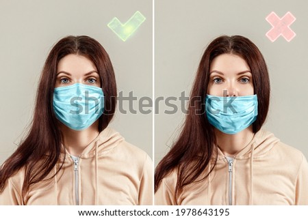 How to wear a surgical mask for protection, masked girl, right and wrong. Healthcare, rules