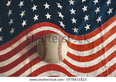 Baseball on stars and stripes American flag background for July 4th holiday sports background.