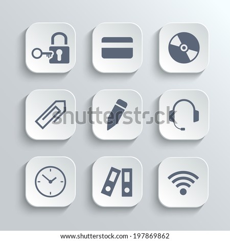 Office icons set - vector white app buttons with lock key credit card disk clip pen headphones clock folder wi-fi zone