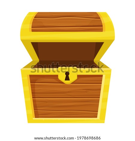 Wooden open empty chest in cartoon style isolated on white background. Ui game asset, element, clip art. Antique container for treasure.