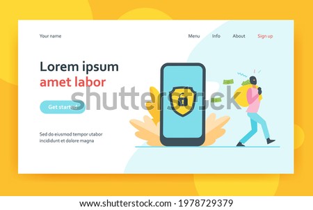 Criminal hacking personal data and stealing money. Hacker carrying bag with cash from unlock phone flat vector illustration. Fraud, security concept for banner, website design or landing web page