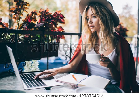 Millennial hipster girl with coffee cup searching education info at university website while e learning in street cafe, Caucaisan student with textbook using laptop application for browsing website