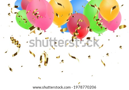 Balloon border with shiny gold glitter and star confetti isolated on transparent background. Vector realistic golden festive 3d helium baloons banner for anniversary, birthday party design