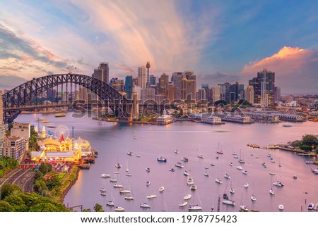 Downtown skyline cityscape of Sydney in Australia at sunset