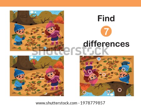 Find 7 differences education game for children. Happy Children Having Fun in Autumn Park. Vector Illustration.