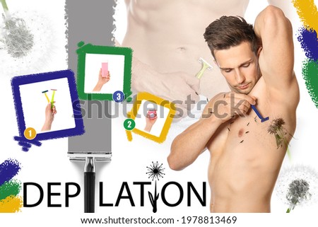 Collage of handsome young man shaving body and different hair removal methods on white background