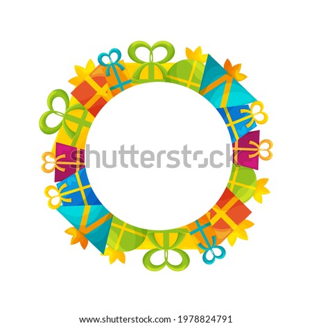 Cute round frame template with colorful present boxes with ribbons and bows. White background. Flat style illustration.