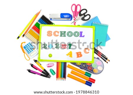 Set of school supplies isolated on white background.
