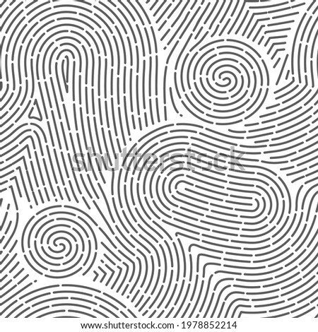 Seamless finger print. Black and white macro pattern. Unique thumbs marks. Personal biometric data. Scanning technology. Police evidence. Vector background with curved lines and curls Royalty-Free Stock Photo #1978852214