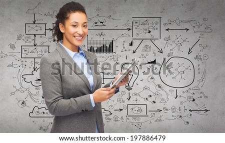business, internet and technology concept - smiling african-american woman looking at tablet pc computer with big plan on the back