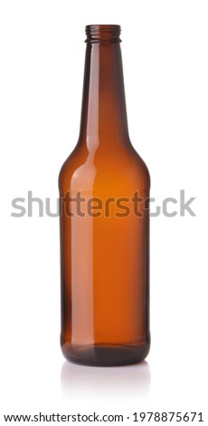 Front view of empty brown glass beer bottle isolated on white