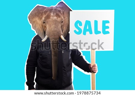 Collage in the magazine style. Contemporary visual art. An elephant in human clothing. Metaphor is a sales leader. A man with an elephant head holds a sign Sale. Experienced sales specialist.