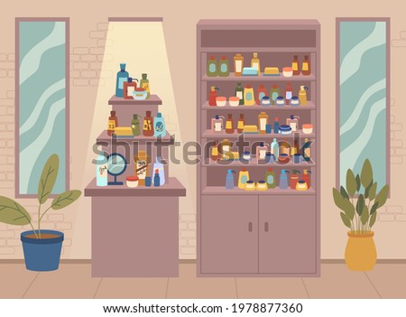 Beauty shop, cosmetics store with different assortments, various skin and body care bottles and jars on shelves. Flat cartoon interior design with windows, potted plants. Showcase with makeup products