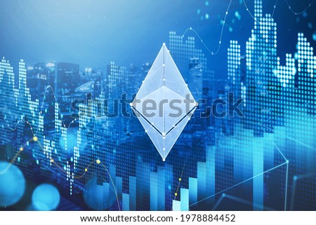 Digital hologram illustration of icon of ethereum cryptocurrency. Financial graph and candlestick financial chart. Decentralized internet trading concept.