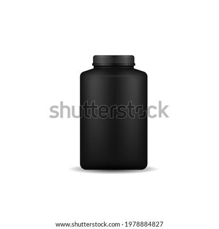 Glossy plastic packaging mockup 3d design. Whey protein and mass gain black plastic jar, bottle. Fitness nutrition canister design template for gym and workout. Vector illustration, eps 10.