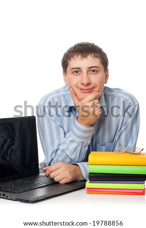 young adult man with books and laptop closeup vertical, white background