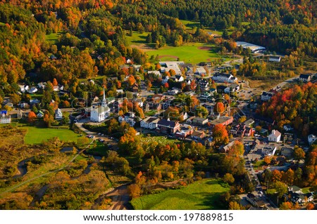 Aerial fall foliage view of rural village, Stowe, Vermont, USA Royalty-Free Stock Photo #197889815