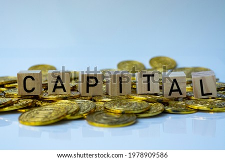Capital text on wood block with a pile of gold coins