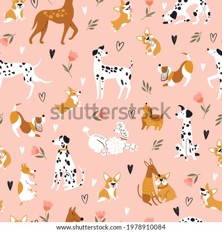 Seamless pattern with funny cartoon dogs. Creative texture in Scandinavian style. Great for fabric, textile Vector Illustration
