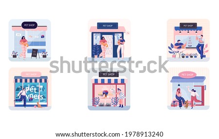 Pet shop concept, awning with big windows, domestic animal accessories store indoors scenes set. People walking with dog and cat. Pet owners buy food and goods for playing and caring for little friend