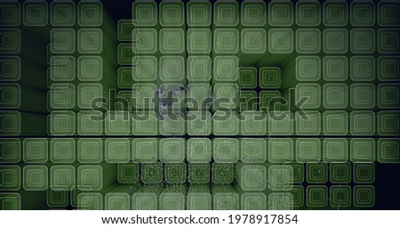 Composition of human face and cubes on green background. global online identity and security concept digitally generated image.