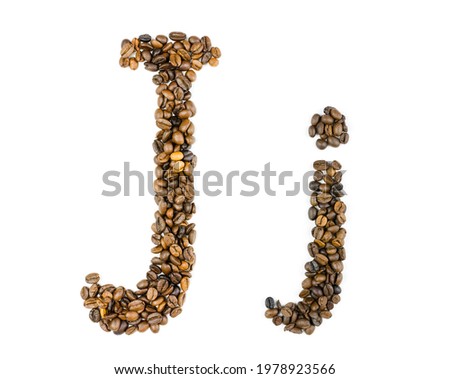 The capital and small letter J of coffee beans on an isolated white background. Template for logo design. English, German, Spanish alphabet from handmade coffee.