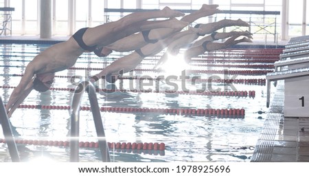 Composition of men jumping into swimming pool. sport, fitness and active lifestyle concept digitally generated image.