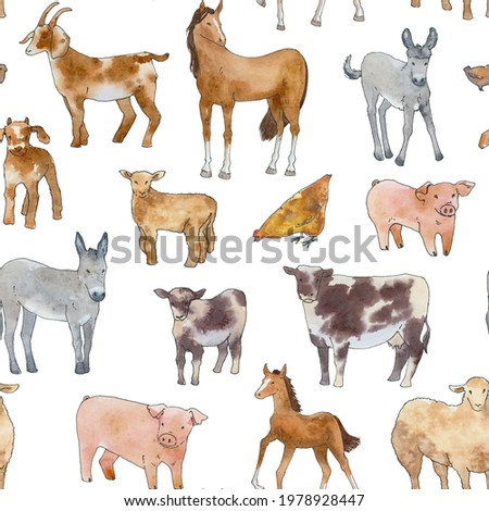 Hand drawn farm animals seamless pattern, Watercolor garden clipart, Watercolor country life summer images clip art, Gardening digital illustration, Cottagecore art