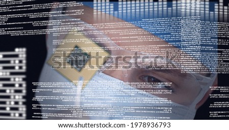 Composition of digital data processing over surgeon looking at processor circuit board. global science, business, technology, connections and networking concept digitally generated image.