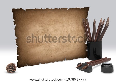 calligraphy workplace, mockup of calligraphy pens, Pencil Holder, inkwell, and Old paper with space for Your own writing