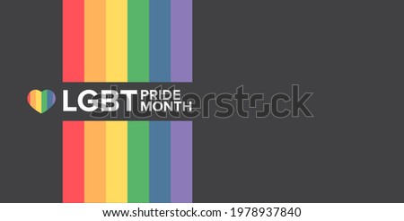Happy pride month horizontal banner with pride color striped ribbon flag isolated on grey background. LGBT Pride month or pride day poster, flyer, invitation party card modern style design template. Royalty-Free Stock Photo #1978937840