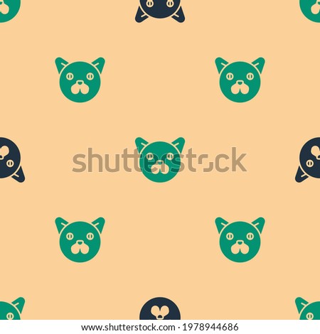 Green and black Cat icon isolated seamless pattern on beige background. Animal symbol.  Vector