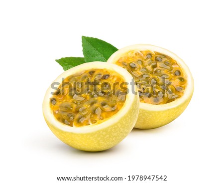 Yellow  passion fruit cut in half  isolated on white background.
 Royalty-Free Stock Photo #1978947542