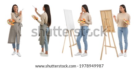 Young woman drawing on easel against white background, collage. Banner design