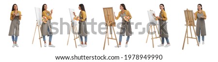 Young women drawing on easels against white background, collage. Banner design