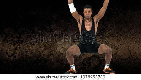 Composition of strong african american man crouching and lifting weights with copy space. sport, fitness and active lifestyle concept digitally generated image.