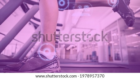 Composition of digital interface over woman's legs exercising on treadmill with pink tint. technology, sport, fitness and active lifestyle concept digitally generated image.