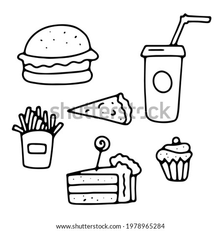 Doodle cafe signs set. Outline fast food, sweets isolated on white background. Cheat meal menu sign. Hand-drawn tasty burger, soda, French fries, pizza, muffin, cake image. Vector yummy illustration
