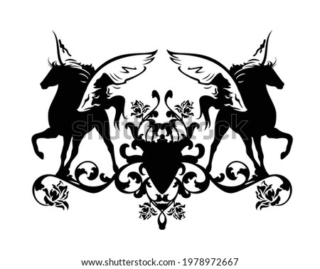 two pegasus horses and rose flowers heraldic decor - pair of winged stallions black and white vector coat of arms design
