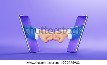 3d illustration. Cartoon characters fists, businessmen hands sticking out the smart phone screens. Online business clip art isolated on violet background. Greeting concept.